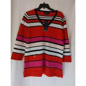 Jones New York Signature Sweater Women's  L Red Coral Stripe Tunic Pullover NWT